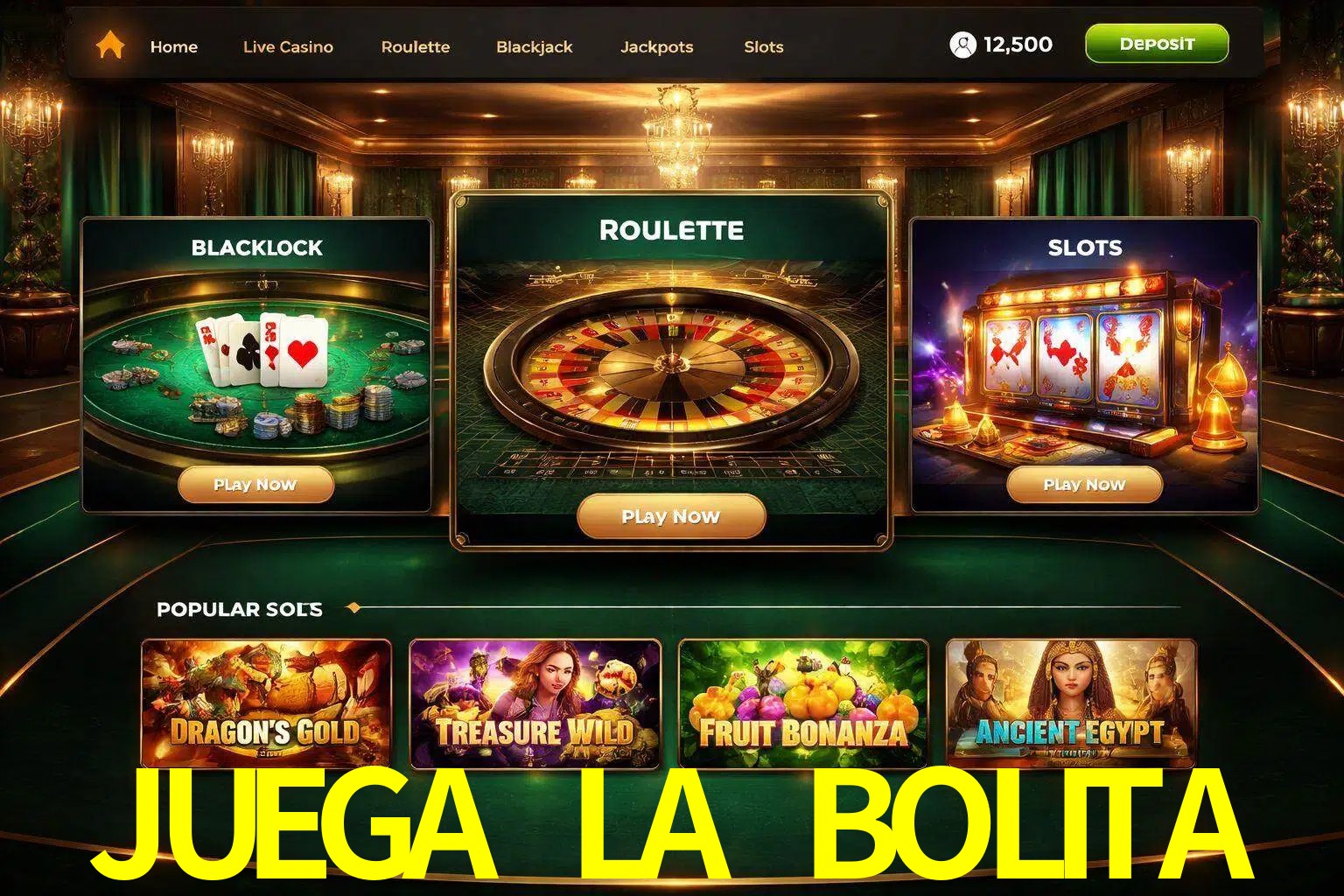 Vista de la plataforma JUEGA LA BOLITA Casino mostrando categorías organizadas de juegos en línea
